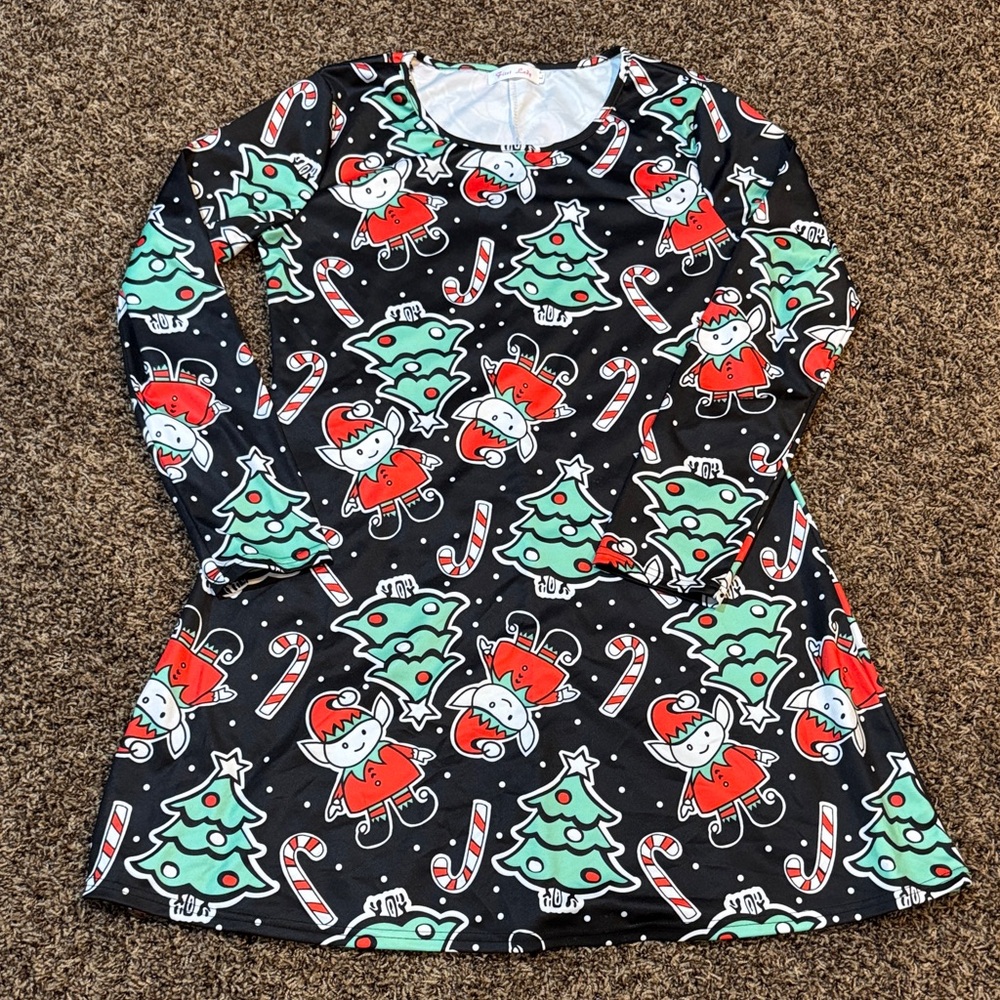 Festive Dress - Black with Elf, Candy Cane and Tree Print